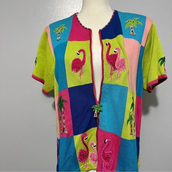 Jack B Quick Sweater Cardigan Fun Tropical Pink Flamingo Palm Tree size M - Picture 7 of 10